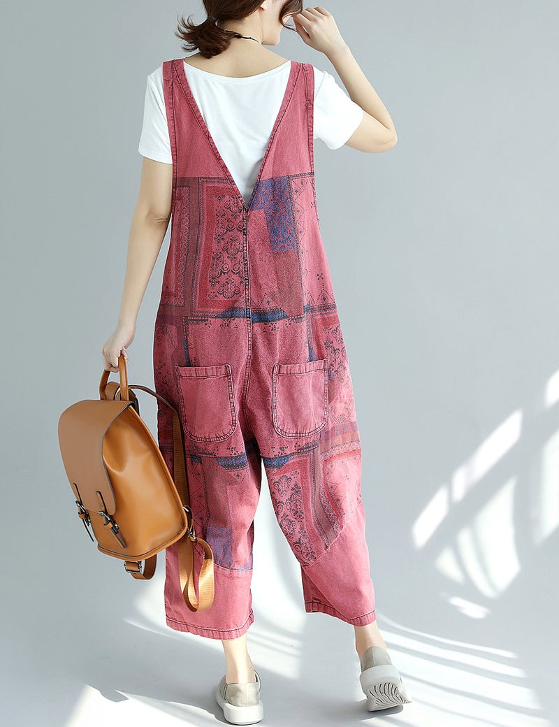 Yeokou Women's Loose Baggy Denim Wide Leg Jumpsuit Rompers Overalls Harem Pants (One Size US S-L, Style 14 Red) - Image 4